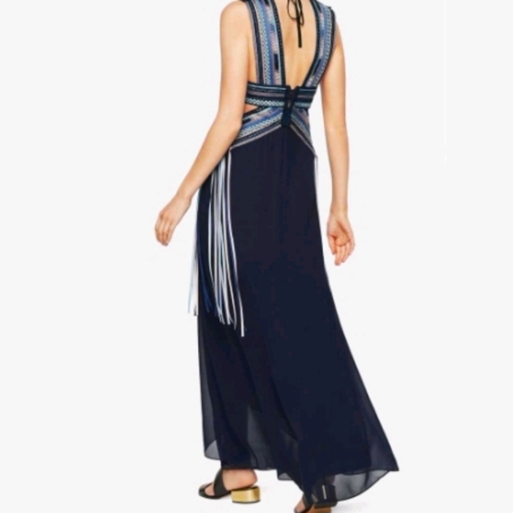 BCBGMaxAzria Elva Navy Blue Embroidered Cutout Maxi Dress Runway Size 10 - Picture 3 of 17